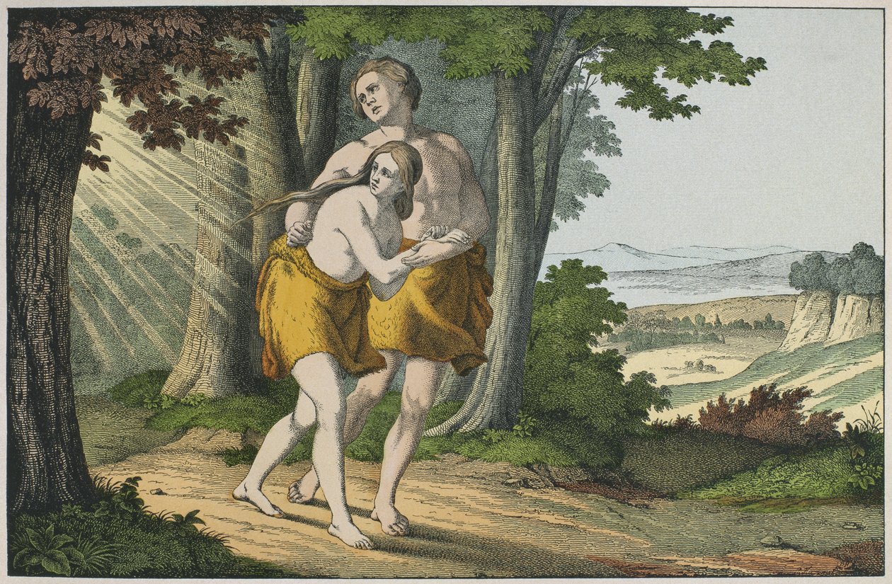 Adam a Eva vyhnaní z ráje, ilustrace z LAncien Testament, vydal Jakob Ferdinand Schreiber, Esslingen (barevná rytina) od German School