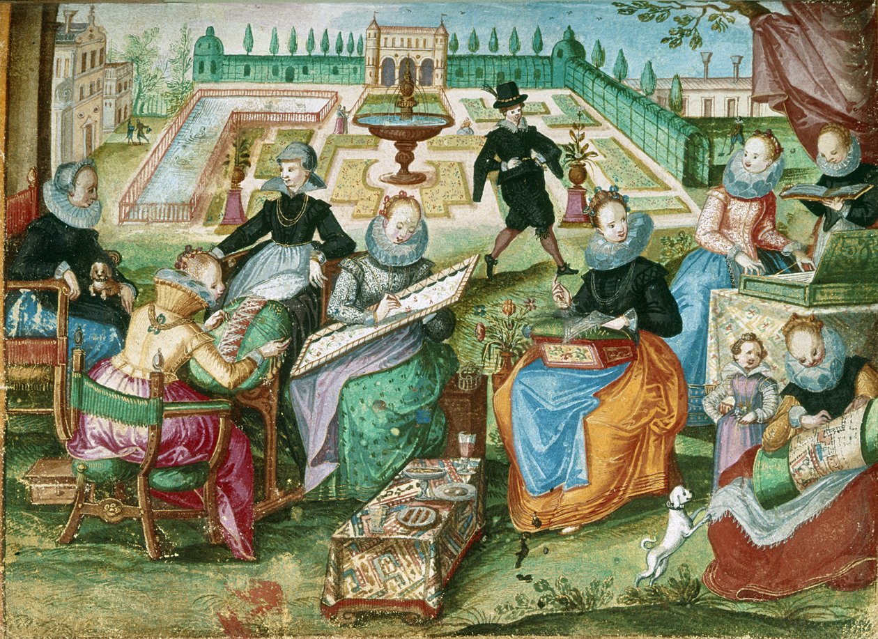 Add.1 7025 fol.50 Dámy sedící u jejich výšivky, z „Album Amicorum of Gervasius Fabricius“ (barva lito) od German School