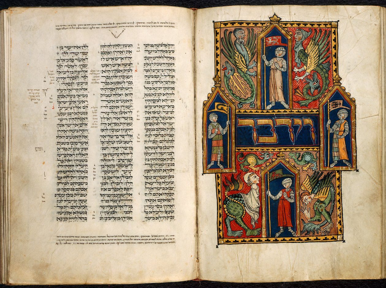 Přidat. 15282 fol.179v-180 Zdobené první slovo Knihy čísel, od „Vévody ze Sussexu německý Pentateuch“, kolem 1300 (vellum) od German School