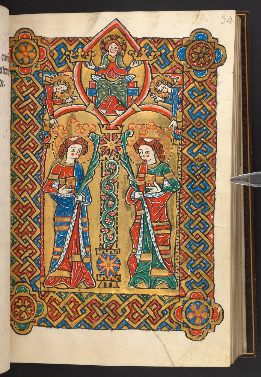 Přidat. 60629, f.34 Kristus a andělé korunují dva mnišské svaté (vellum) od German School