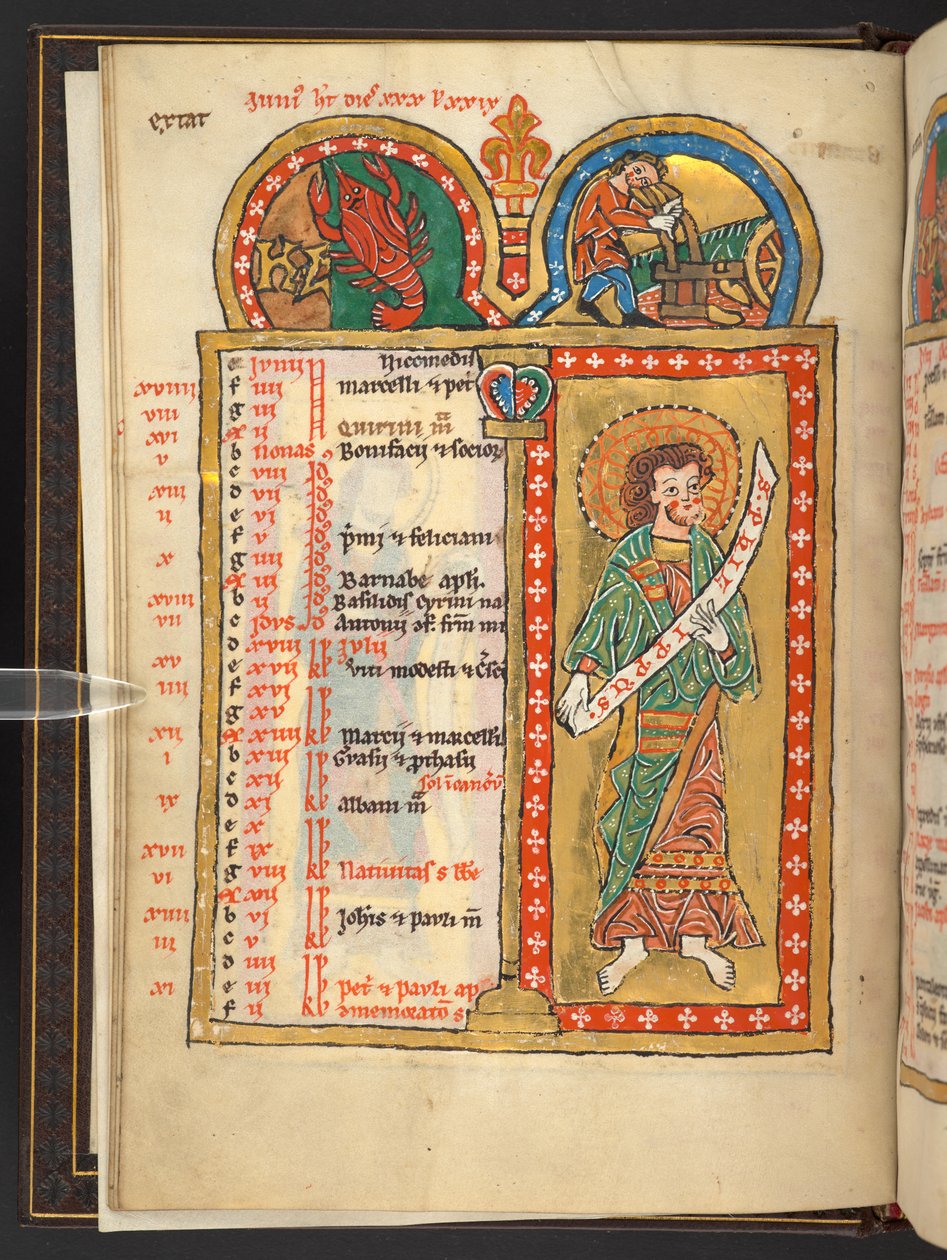 Přidat. 60629, f.3v června, z 12 kalendářních stran ve zlatě a barvách, s architektonickými rámečky, z nichž každý obsahuje znamení zvěrokruhu, apoštola a práci měsíce (vellum) od German School