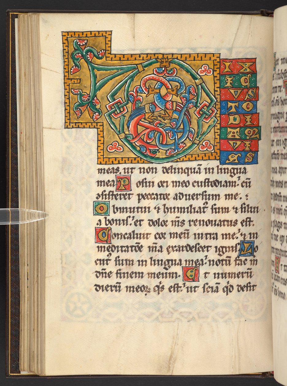 Přidat. 60629, f.43v Velké orámované iniciály ve zlatě a barvách s listovým a někdy zoomorfním a antropomorfním ornamentem (vellum) od German School