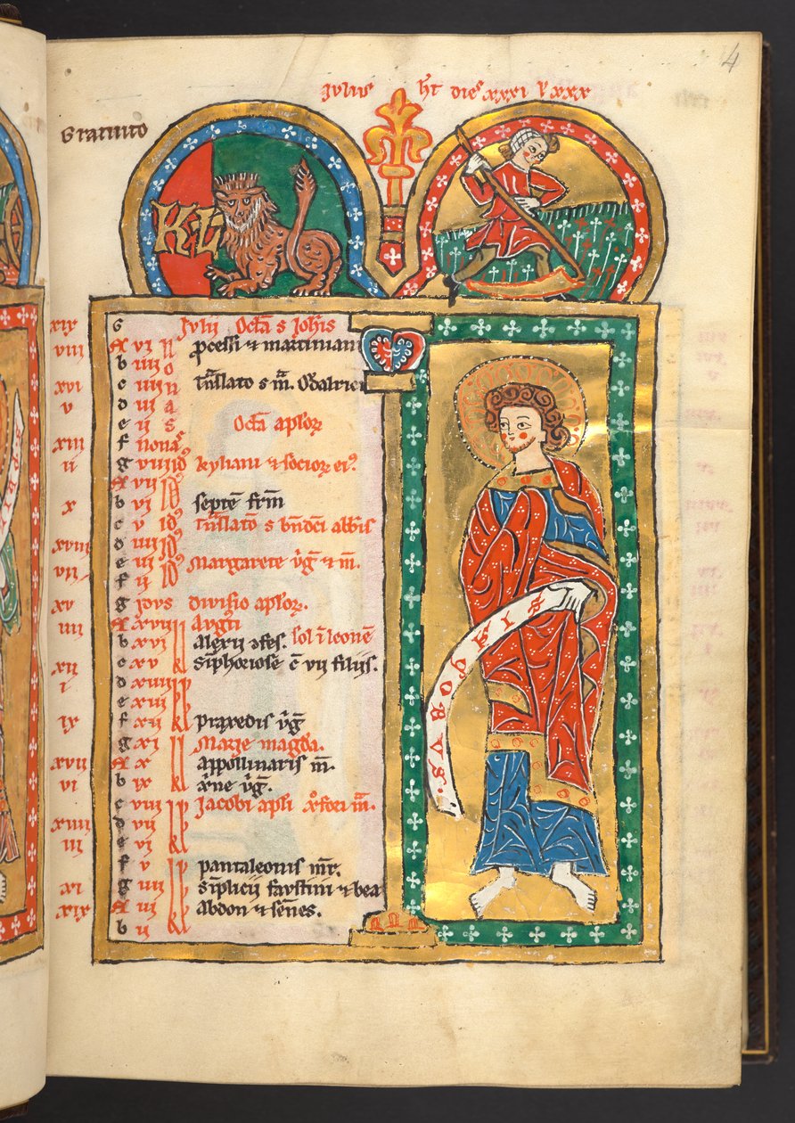 Přidat. 60629, f.4 Červenec. 12 stránek kalendáře ve zlatě a barvách, s architektonickými rámečky, z nichž každý obsahuje znamení zvěrokruhu, apoštola a práci měsíce.  Žaltář. Iluminovaný žaltář s kalendářem, chvalozpěvy a litaniemi pro jeptišky, . od German School