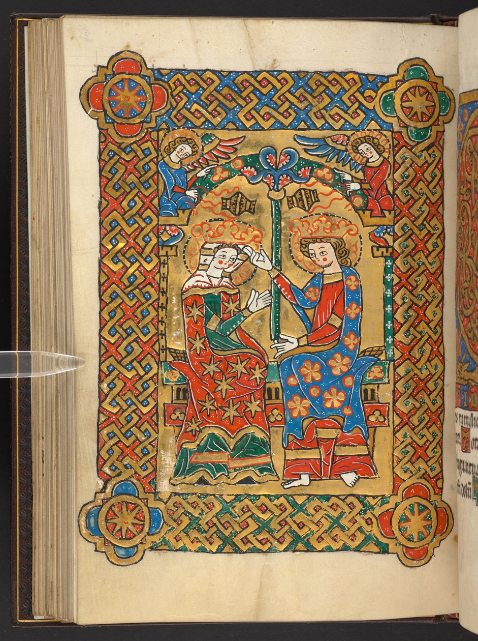 Přidat. 60629, f.56v Korunovace Panny Marie, s cenícími anděly (vellum) od German School