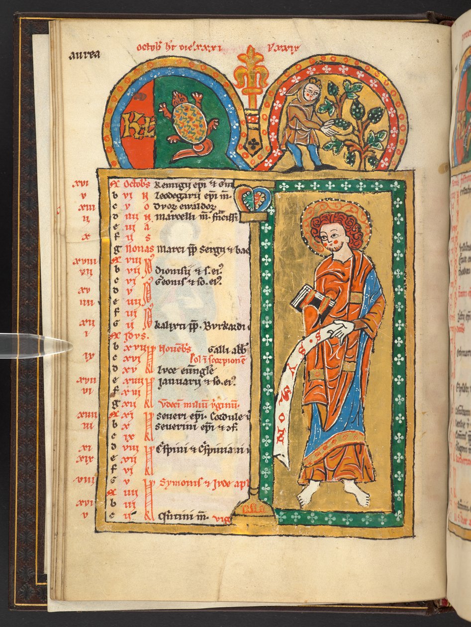 Přidat. 60629, f.5v Říjen. 12 stránek kalendáře ve zlatě a barvách, s architektonickými rámečky, z nichž každý obsahuje znamení zvěrokruhu, apoštola a práci měsíce.  Žaltář. Iluminovaný žaltář s kalendářem, chvalozpěvy a litaniemi pro jeptišku od German School