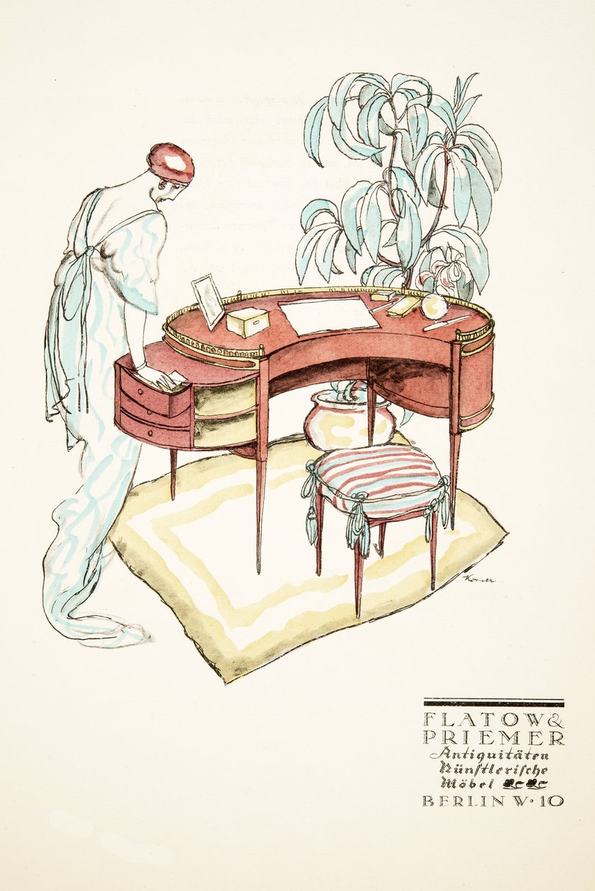 Reklama na Flatow  Priemer, starožitnosti, ze Stylu, pub.1922 (pochoárový tisk) od German School