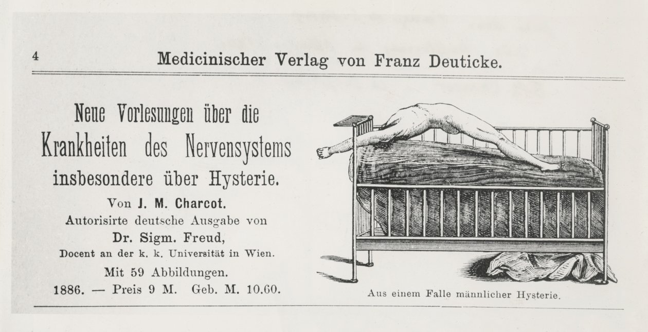 Reklama na „Nové přednášky o nemocech nervového systému, zejména o hysterii, od J. M. Charcota, přeložil Sigmund Freud“, z „O afázii: kritická studie“ od German School