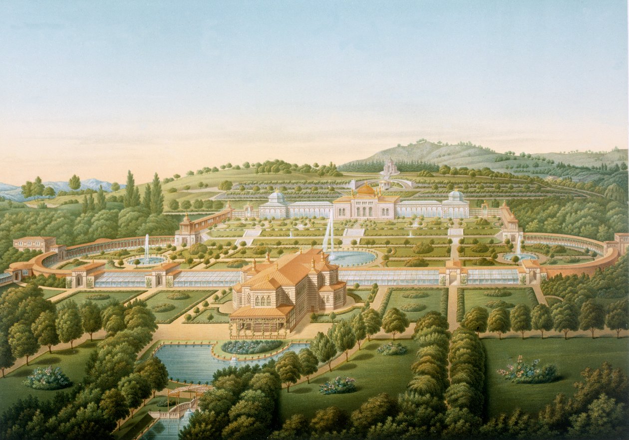 Letecký pohled na vilu krále Guillauma z Würtemberska, publikoval 1860 od German School