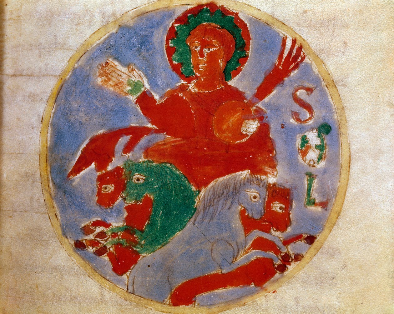 Alegorické znázornění miniatury Slunce převzaté ze svazku „de sole“ v „De Universe“ (nebo De rerum naturis (De la Nature des Chooses)) (cod. 132) od Rabanuse Maura Magnentia (nebo Rabana Maura nebo Rabana Maura) ( cca 780-856). 9. století. Archiv od German School