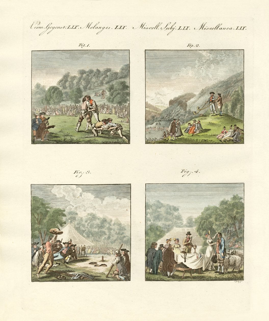 Festival šrotů v Alpách poblíž Unterseen v Berner Oberland, Švýcarsko (barevná rytina) od German School