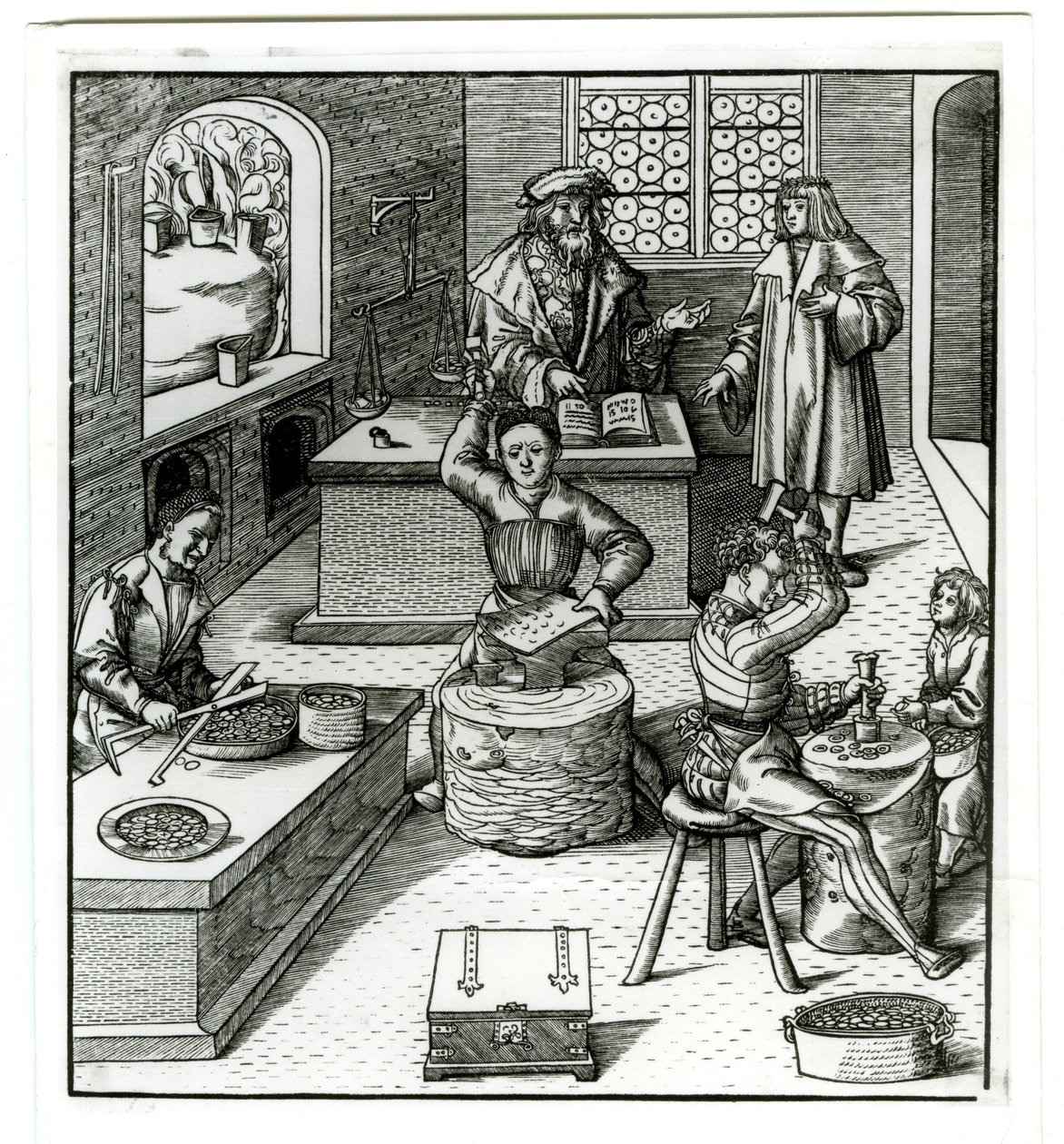 Evropská mincovna z počátku šestnáctého století, z Der Weisskunig (rytina) od German School