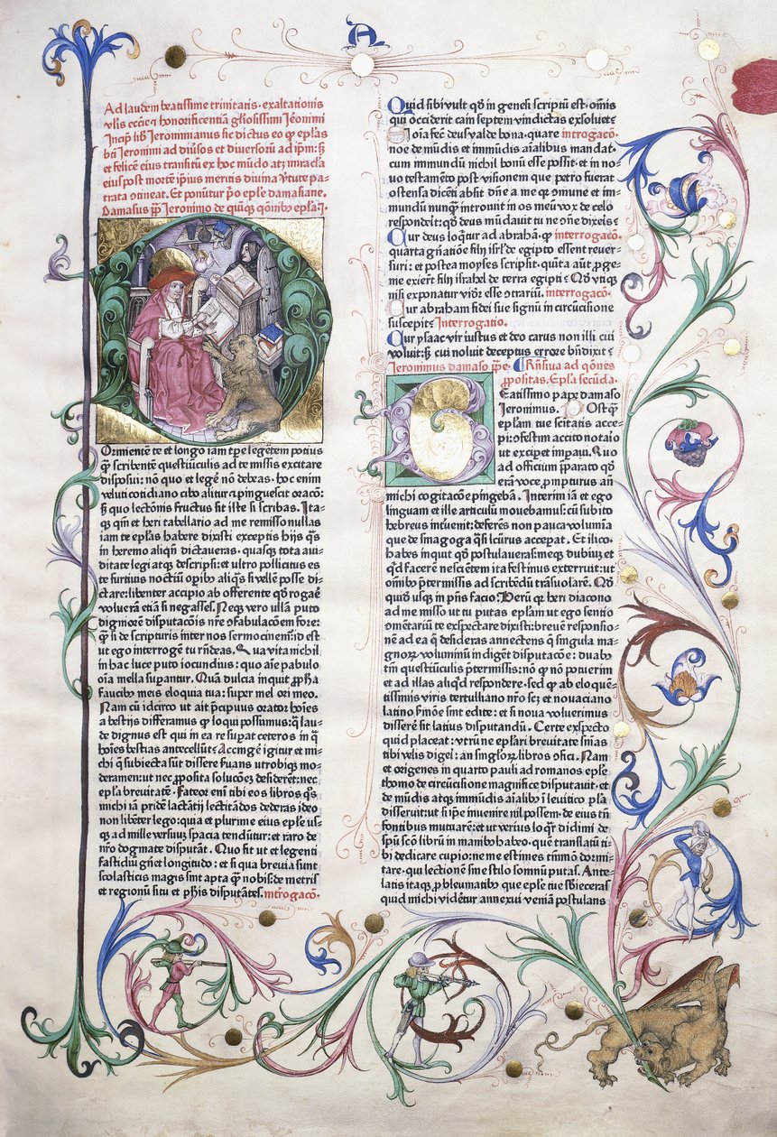 Osvětlená stránka zobrazující sv. Jeronýma v jeho pracovně a okraj obsahující gryfa napadeného třemi muži, 1470 od German School