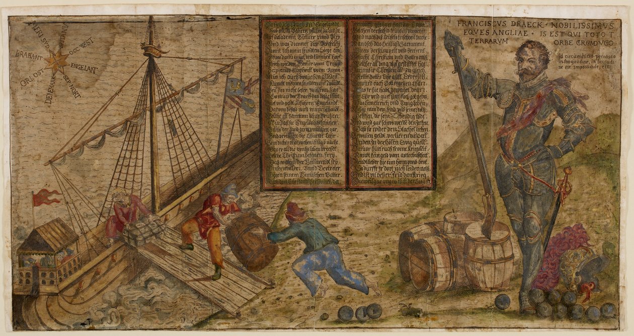 Kuvitettu kylki, jossa juhlitaan Francis Draken kampanjaa espanjalaisia vastaan, kuvitus teoksesta "Hier steh ich Drach in Engelandt" (kynä ja muste pesulla paperilla) od German School