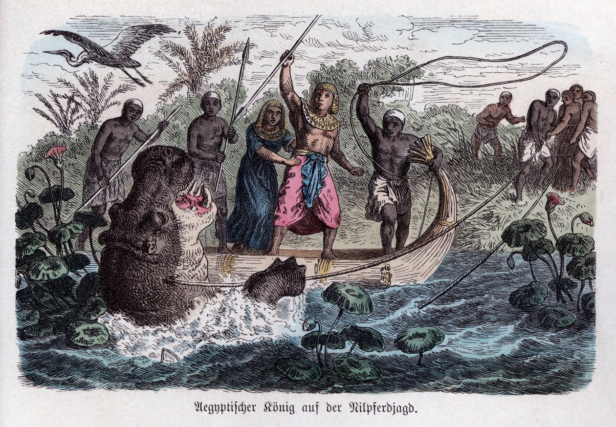 Starověké dějiny. Egypt. Faraon na lovu hrochů. Německý ... (rytina) od German School