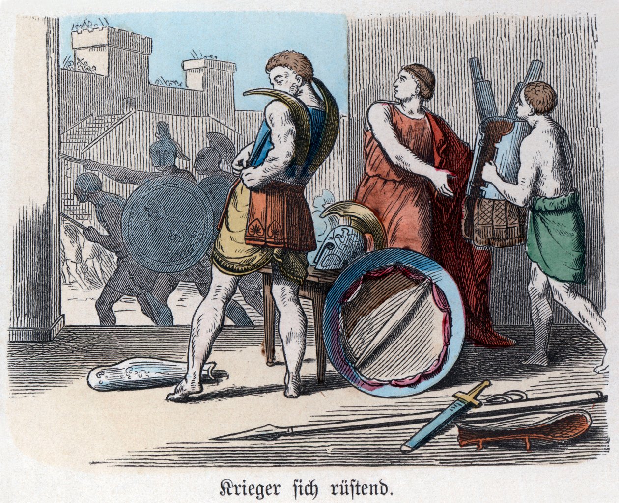 Starověké dějiny. Řecko. Řečtí válečníci se vyzbrojují do války. ... (rytina) od German School