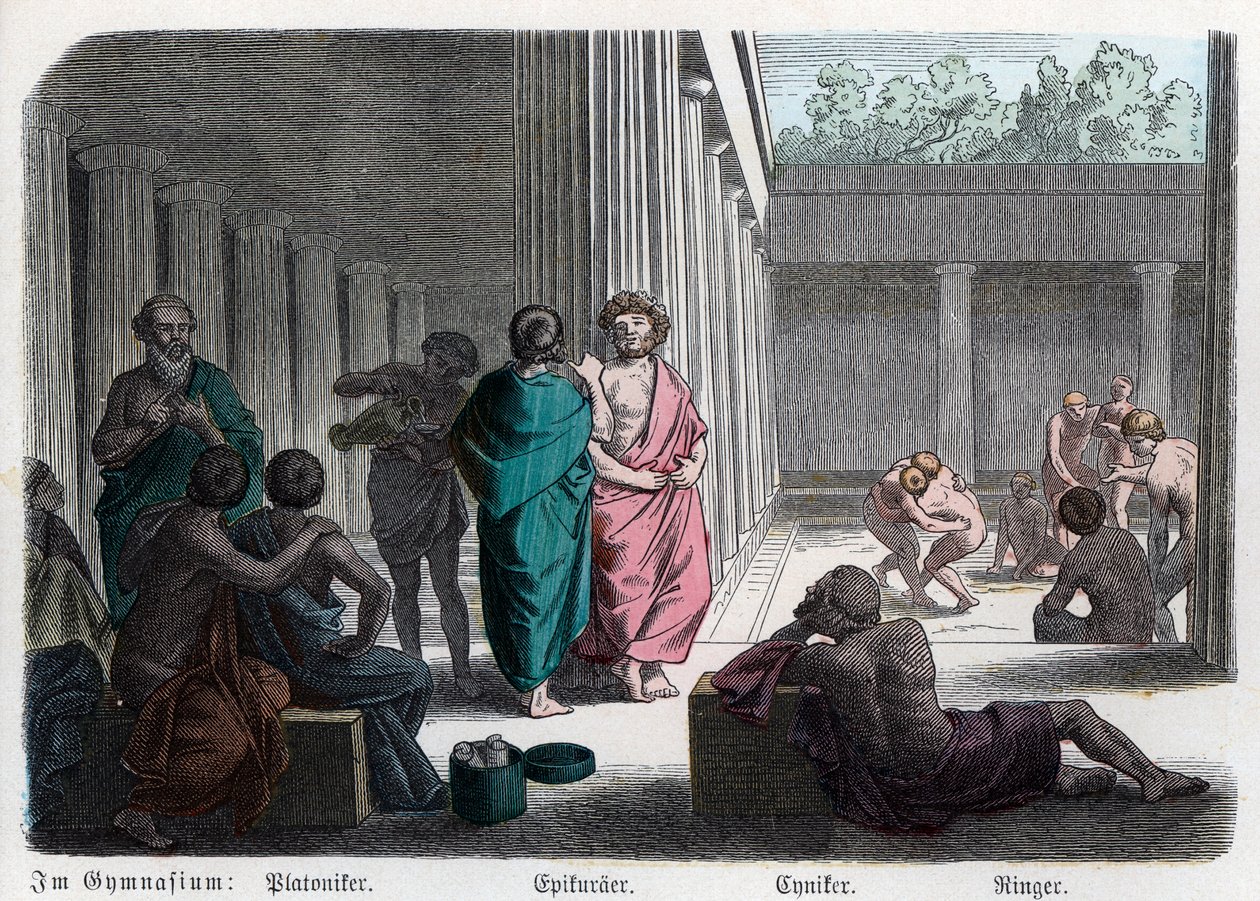 Starověké dějiny. Řecko. Platonici, epikurejci a kynikové: atletičtí ... (rytina) od German School
