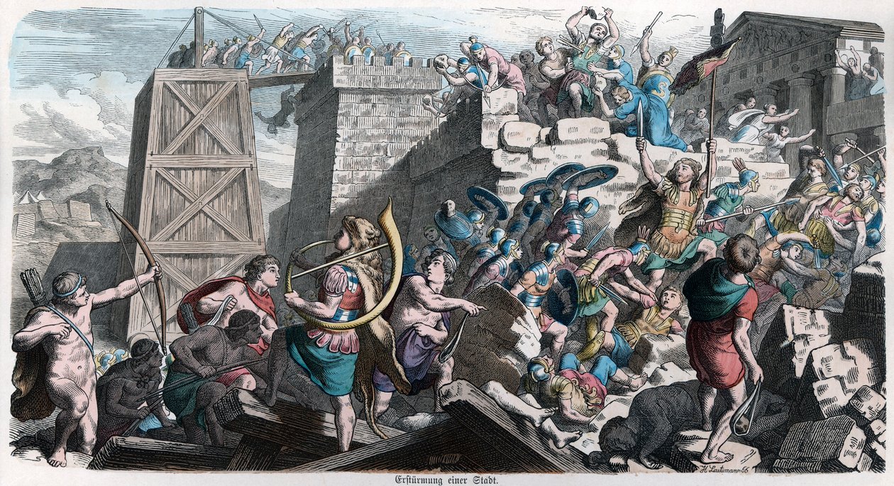 Starověké dějiny. Řím. Římané útočí na město... (rytina) od German School