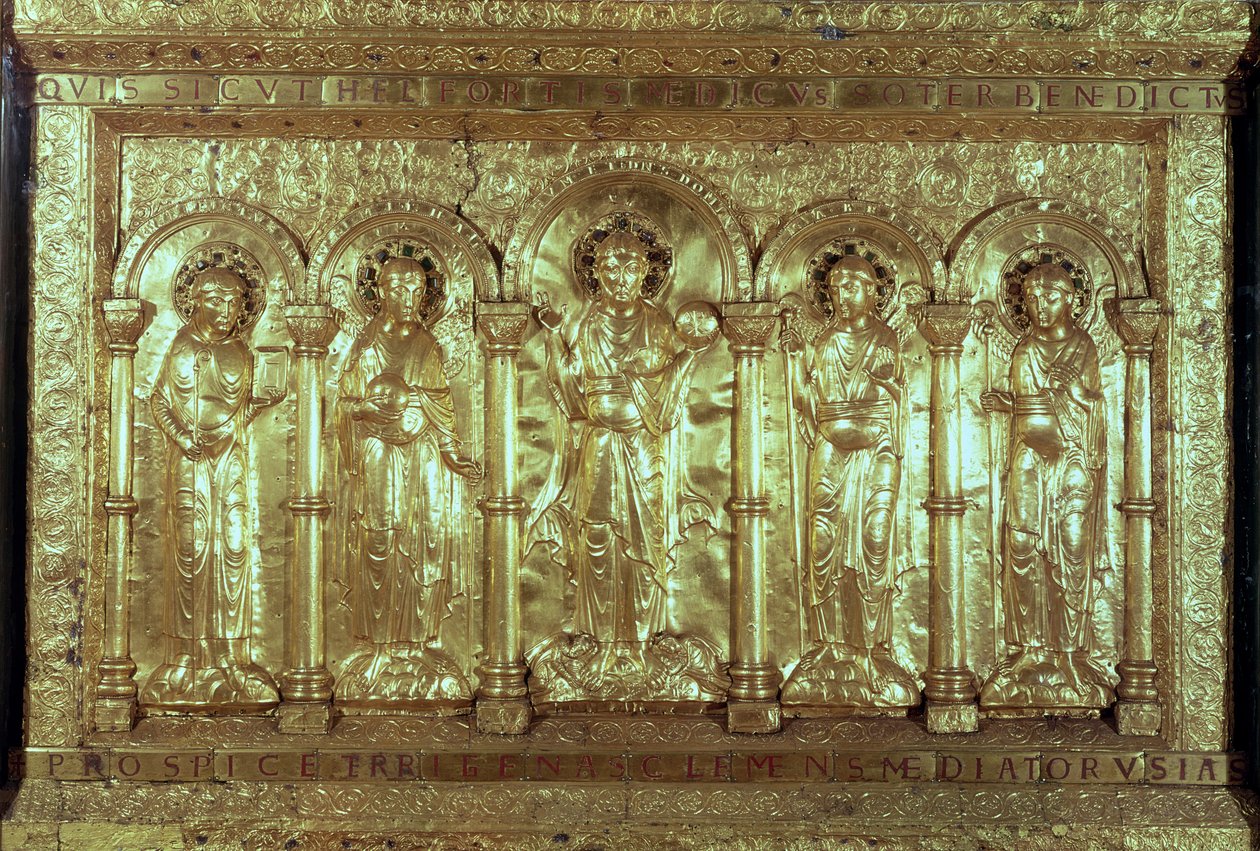 Antependium zobrazující Krista s dárci u nohou mezi archanděly Gabrielem, Rafaelem a Michaelem a svatým Benediktem (zlato) (viz také 162678) od German School