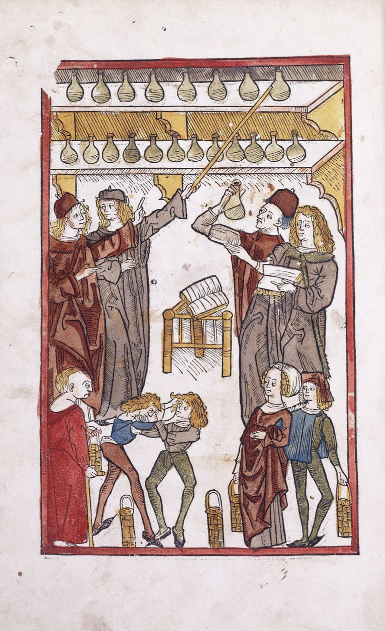 Lékárníci a lektvary se dvěma chlapci bojujícími v popředí, 1491 od German School
