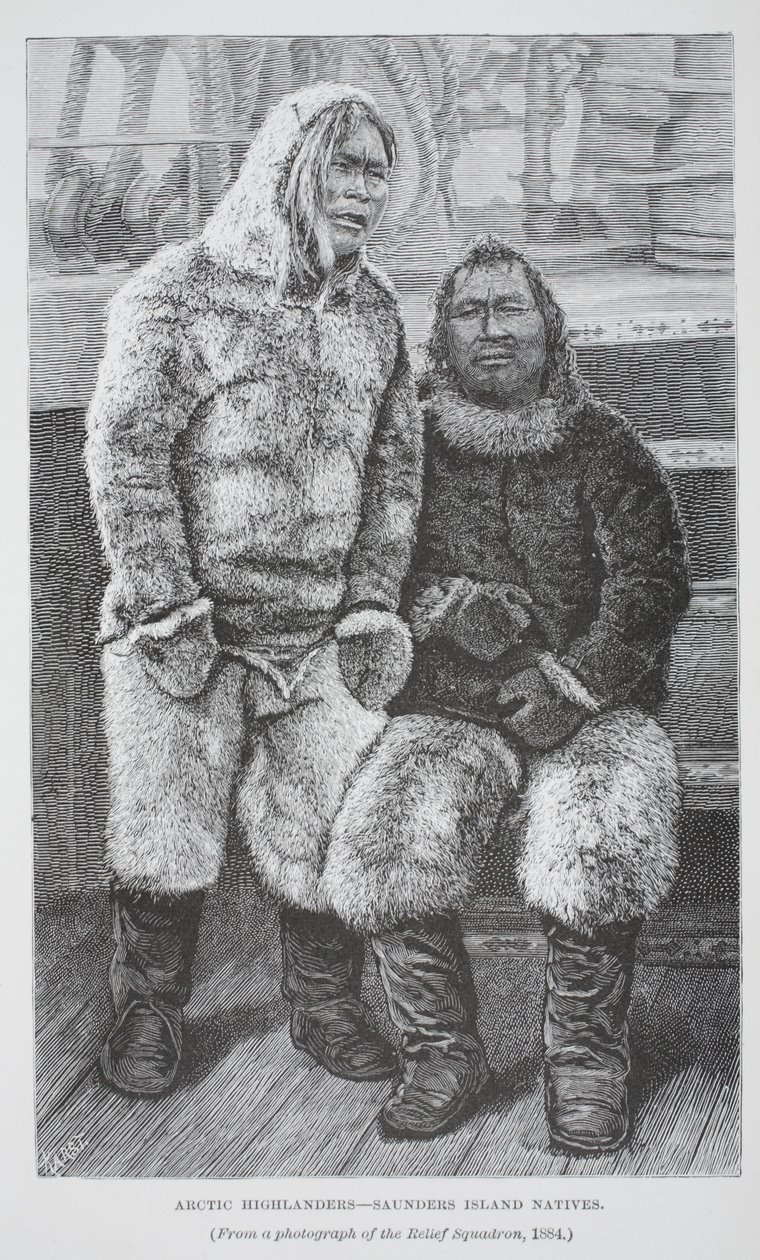 Arctic Highlanders - Saunders Island Natives, hospoda. Londýn 1886 (rytina) od German School