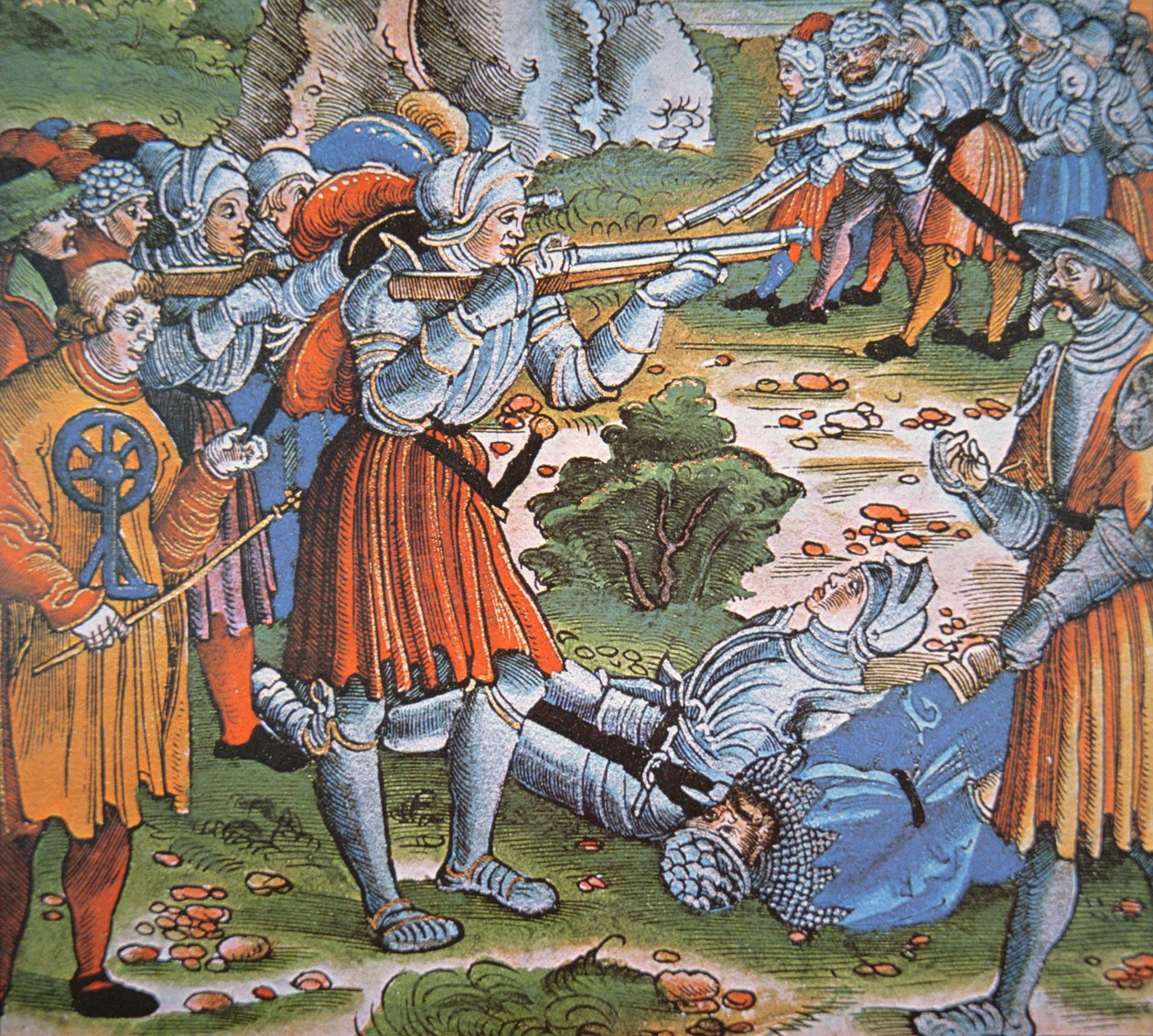 Obrnění vojáci střílející zápalkový zámek Arquebus, konec 15. století (ručně kolorovaný dřevoryt) od German School