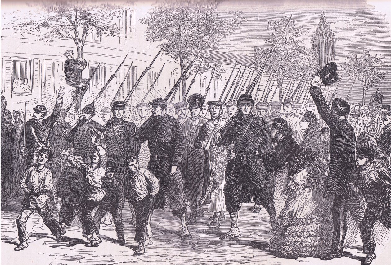 Příjezd, do Paříže pruských zajatců po bitvě před Bagneunem, Cassells History of the War between France and Germany vydané nakladatelstvím Cassell and Company Limited, kolem roku 1890 (litho) od German School