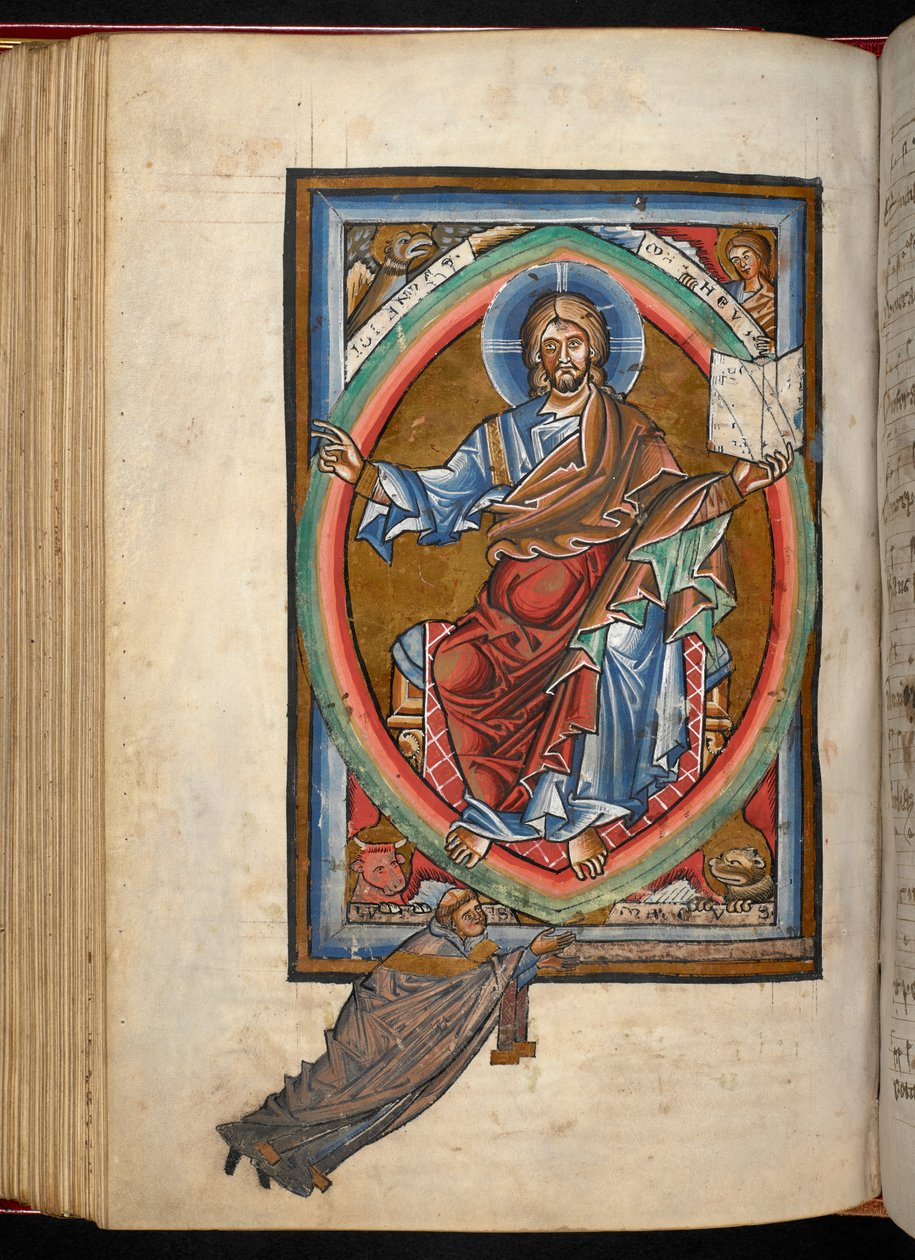 Arundel 156, f.99v, Kristus sedí na trůnu majestátně v mandorle, obklopený čtyřmi symboly evangelistů, z 