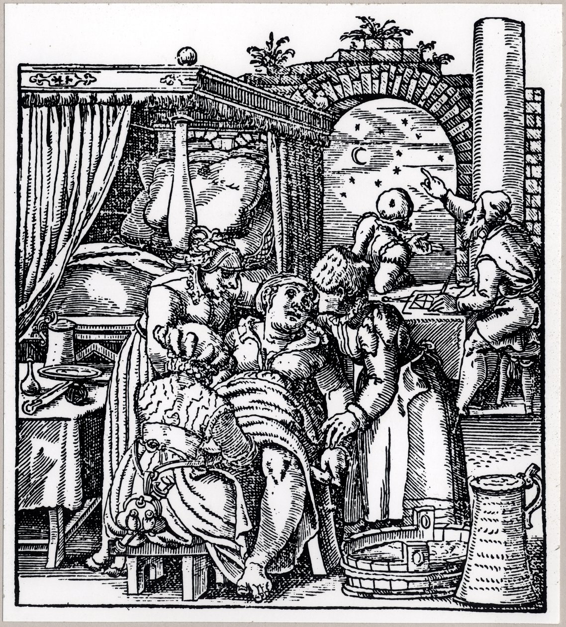 Astrologové odlévají horoskop pro dítě, které se narodí ženě na porodním křesle, z knihy De Conceptu et Generatione Hominis od Jacoba Rueffa, publikované ve Frankfurtu, 1587 od German School