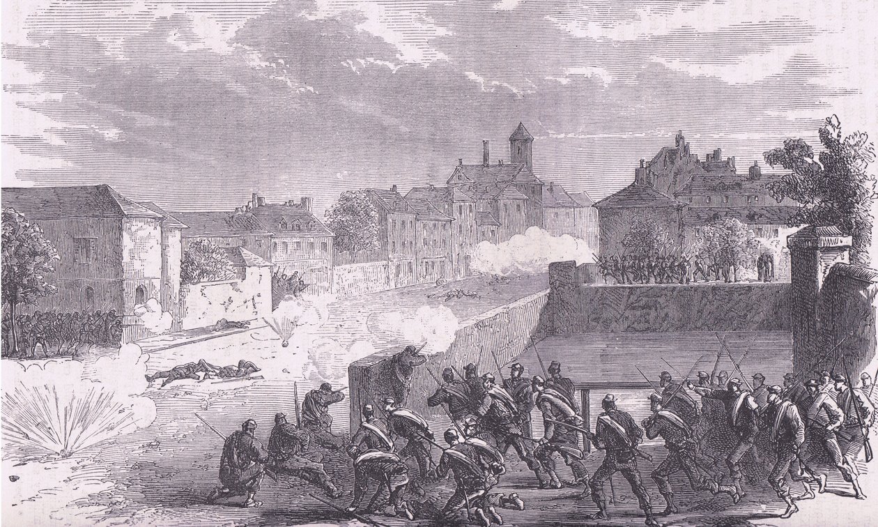 Útok na Le Bourget, Cassells Historie války mezi Francií a Německem vydaná Cassell and Company Limited, kolem roku 1890 (litho) od German School