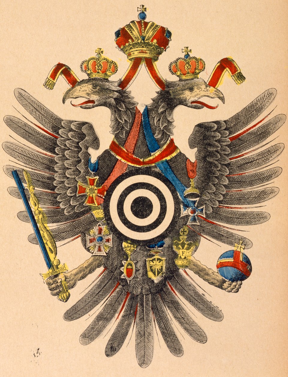Rakousko-uherský císařský znak jako terč pro lukostřelbu, asi 1865 (kolorovaný dřevoryt) od German School