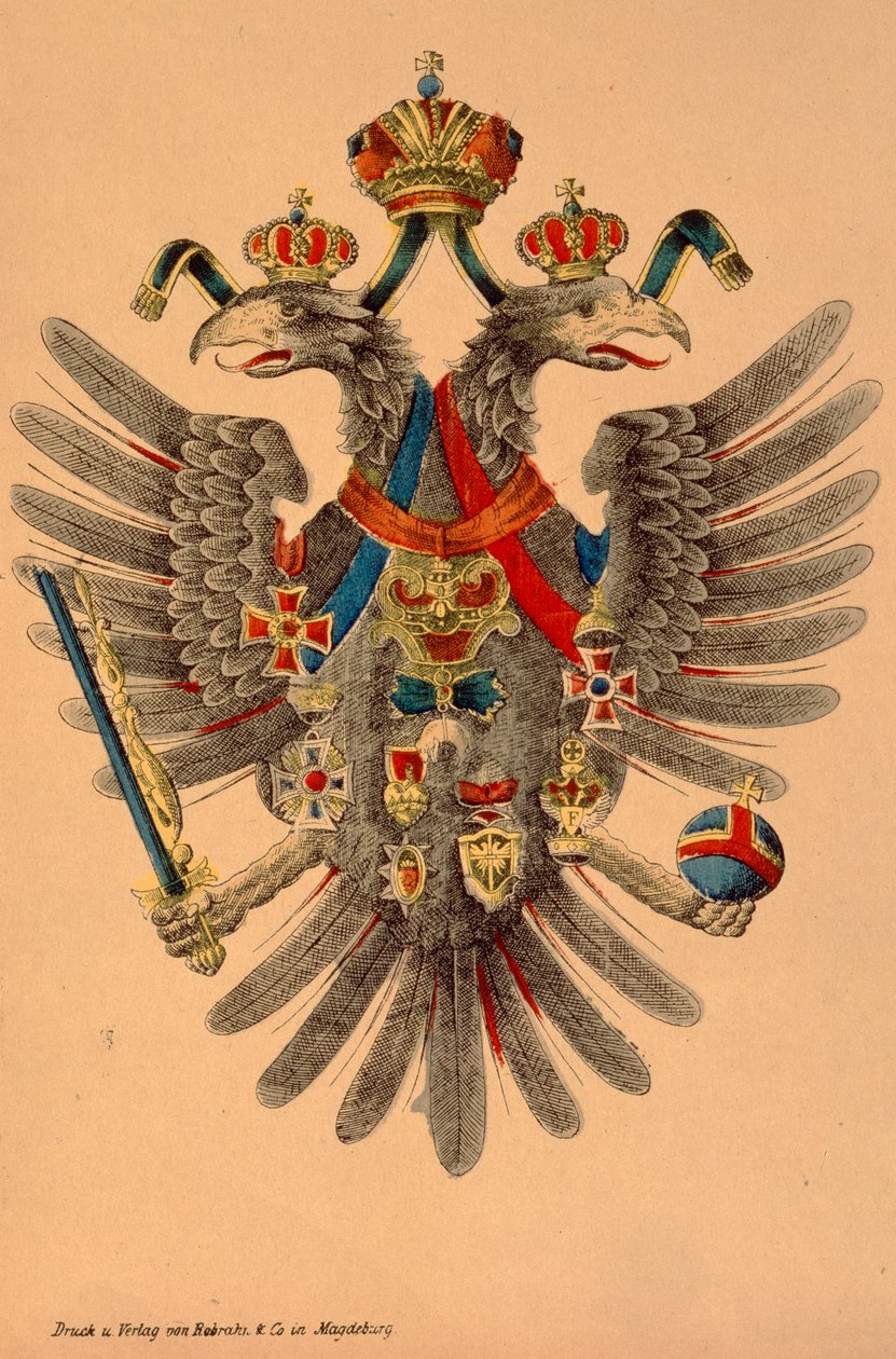 Rakousko-uherský císařský erb, vydalo nakladatelství Robraki & Co., Magdeburg, cca 1865 (kolorovaný dřevoryt) od German School