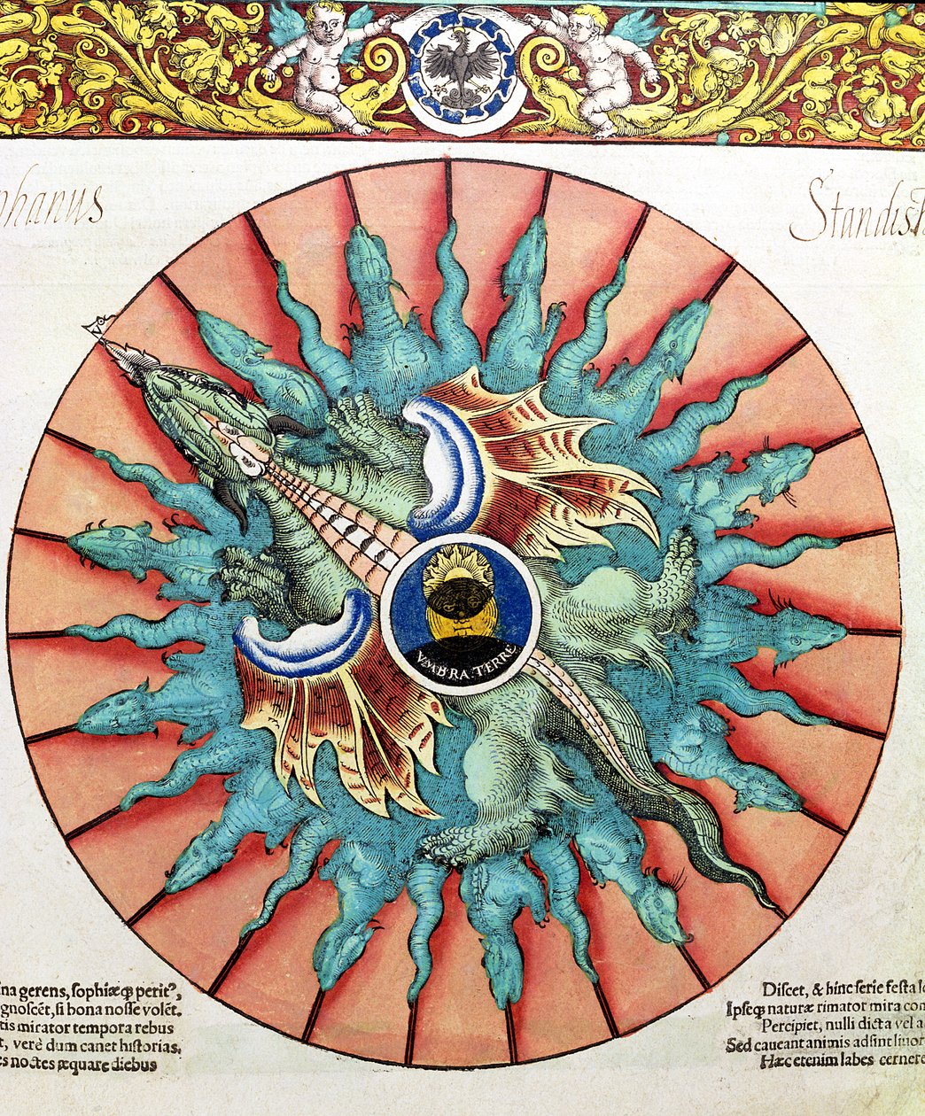 BT1.70.2 An Eclipse of the Sun, ilustrace z Astronomicum Caesareum od Petera Apiana (Bennewitz) (1495-1552) pub. v Ingolstadtu, 1540 (barevný dřevoryt) od German School