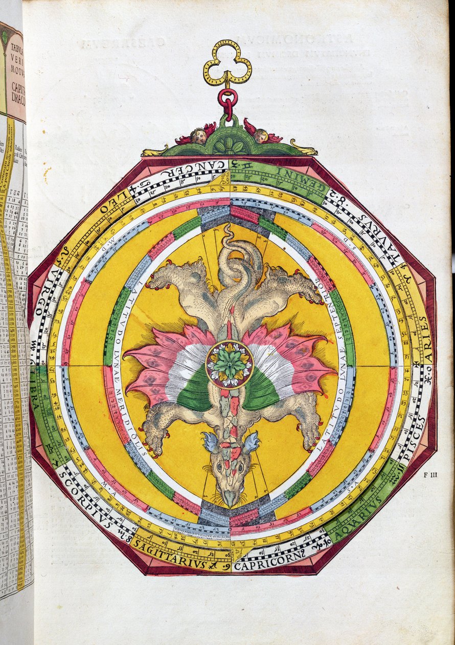 BT1.70.2 Volvelleor se zvěrokruhem, ilustrace z Astronimicum Caesareum od Petera Apiana (Bennewitz) (1495-1552) pub. v Ingolstadtu, 1540 (barevný dřevoryt) od German School
