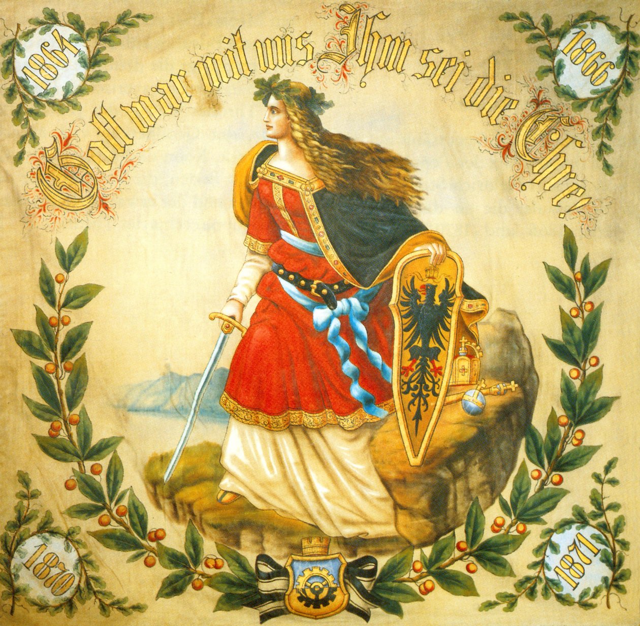 Prapor s vyobrazením Germanie, symbolu sjednoceného Německa, cca 1918 (tisk) od German School