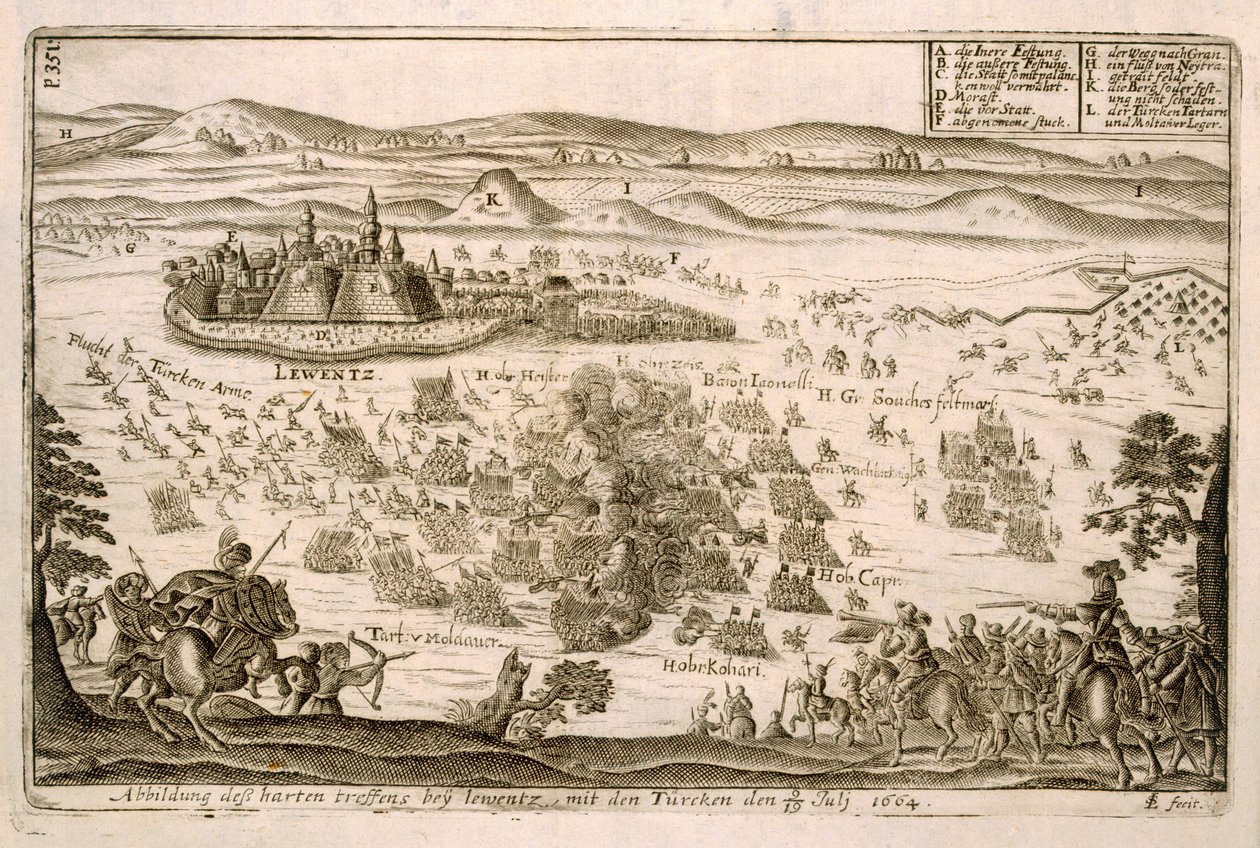 Bitva u města Levice v roce 1664, ilustrace z knihy o osmanských taženích v Evropě, vyryl Paul Furst (asi 1605-66) od German School