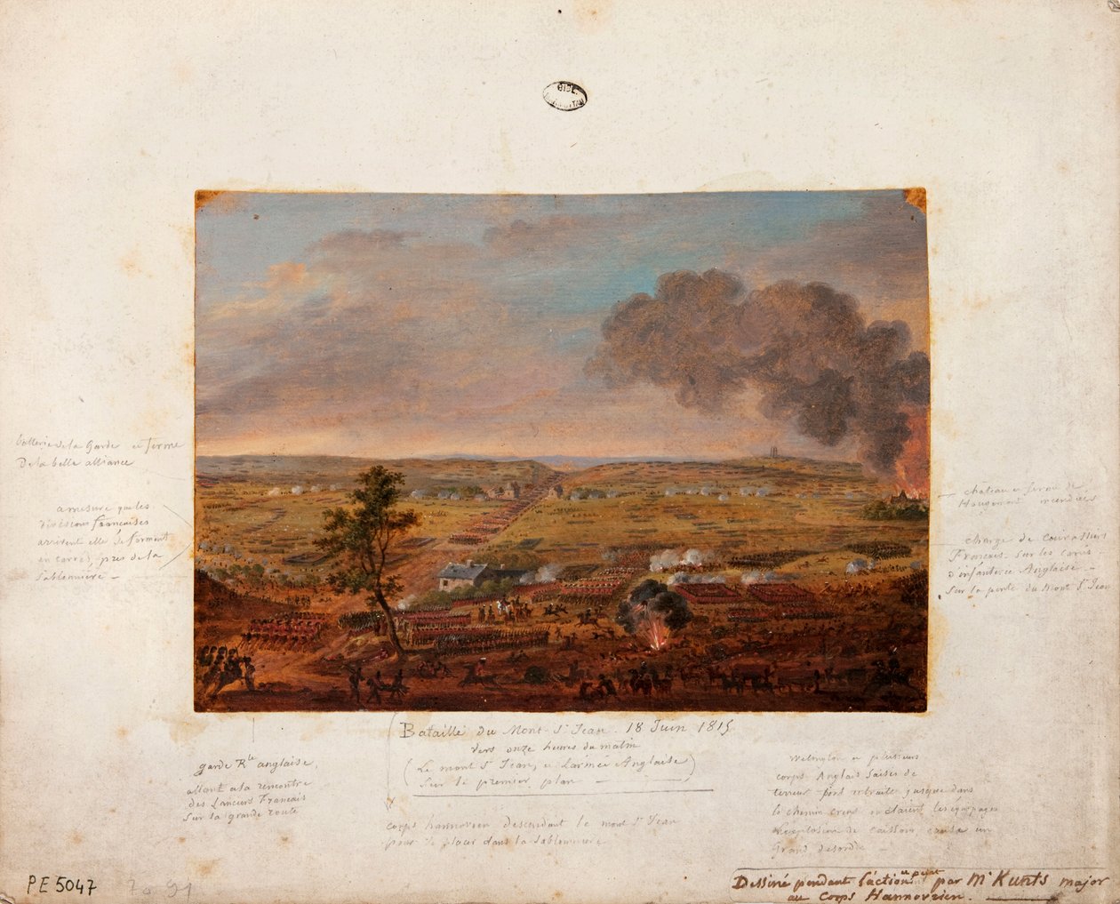 Bitva u Mont-Saint-Jean, nakresleno a namalováno během akce majorem Kuntsem z hannoverské jednotky, 18. června 1815 (tužka a kvaš na kartonu) od German School