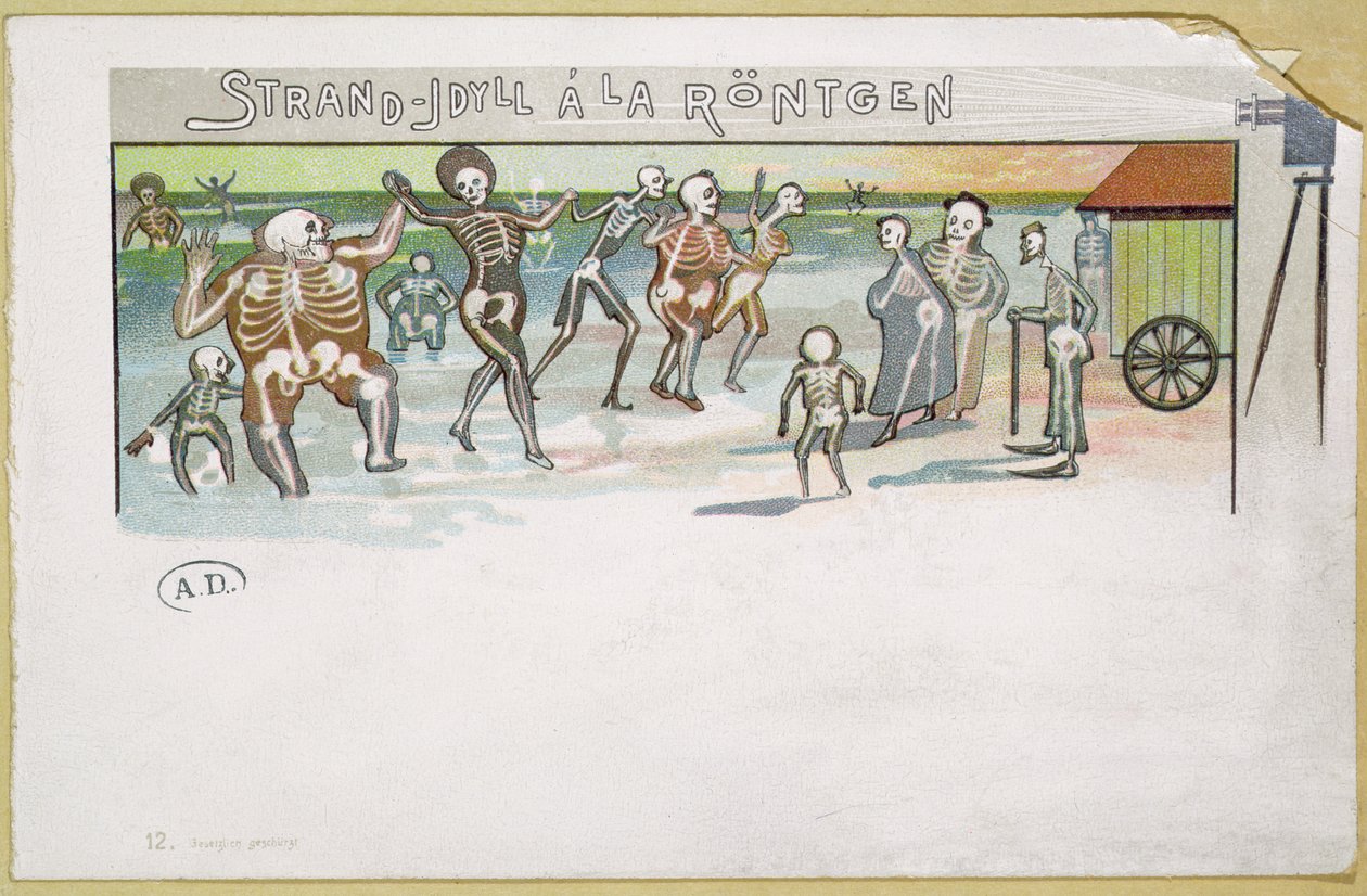 Plážová idyla ve stylu Rontgen, karikatura o rentgenových snímcích, cca 1896-99 (barevná rytina) od German School