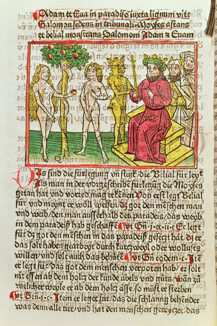 Belial představuje Adama a Evu Šalomounovi, ilustrace z německého překladu Das Buch Belial, 1473 (barevný dřevoryt) od German School