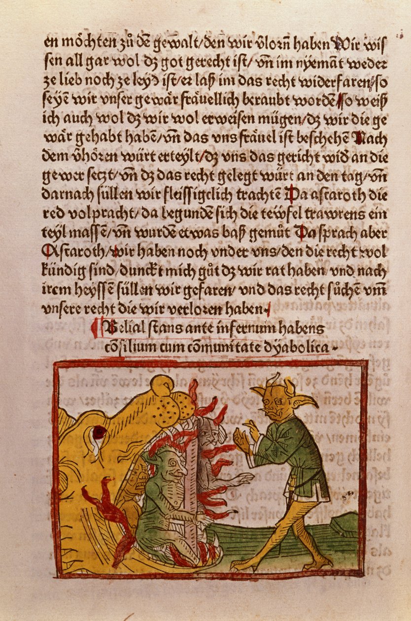 Belial at the Gates of Hell, ilustrace z německého překladu Das Buch Belial, 1473 (barevný dřevoryt) od German School