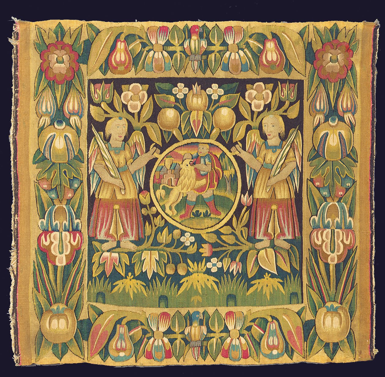 Biblický gobelínový panel zobrazující Samsona a lva, možná 17. století, severní Německo, Šlesvicko-Holštýnsko nebo Hamburk od German School