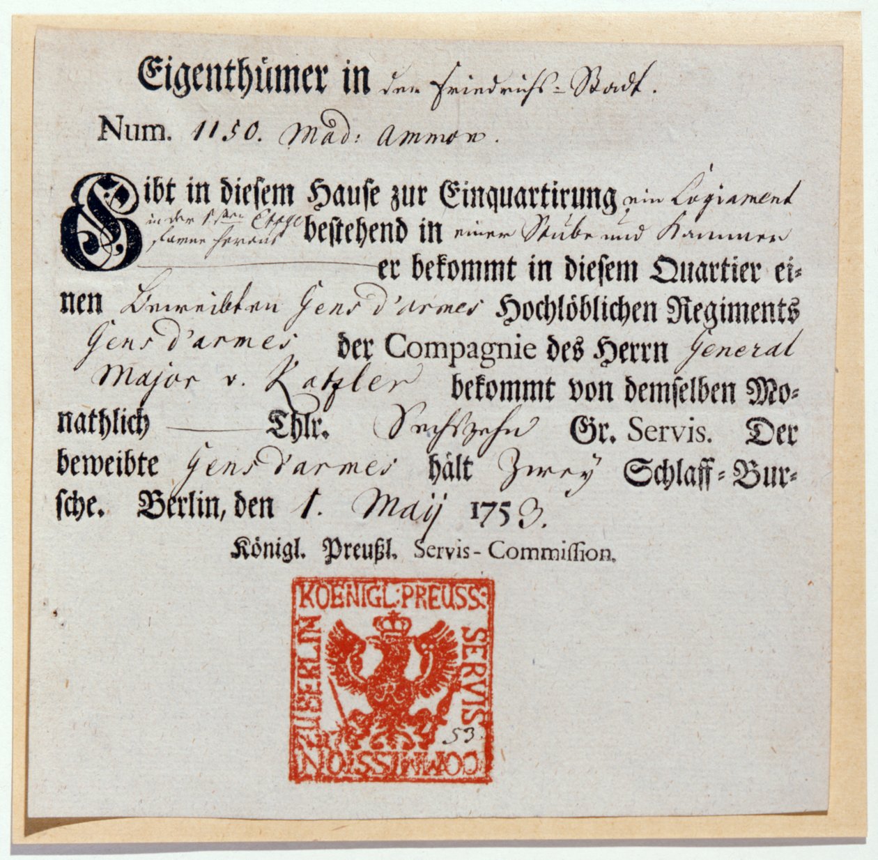 Poukaz na fakturaci, 1759 (tisk a pero a inkoust) od German School