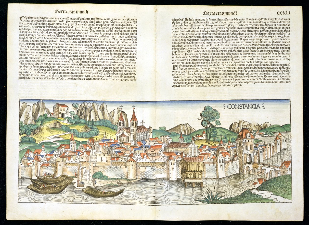 Pohled na Kostnici z ptačí perspektivy z Norimberské kroniky od Hartmanna Schedela (1440-1514) 1493 od German School