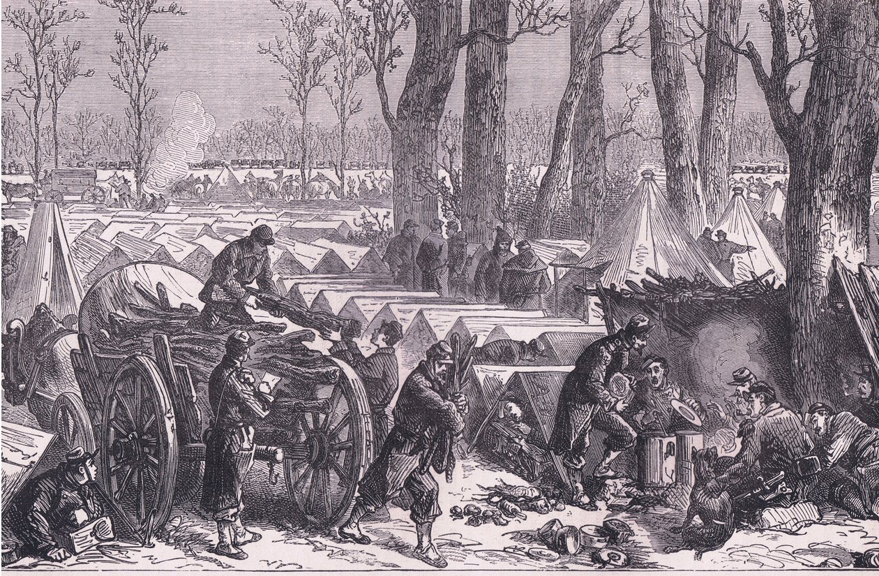 Bivak vojáků generála Du Croye v lesích Vincennes, Cassells Historie války mezi Francií a Německem vydaná Cassell and Company Limited, kolem roku 1890 (litho) od German School