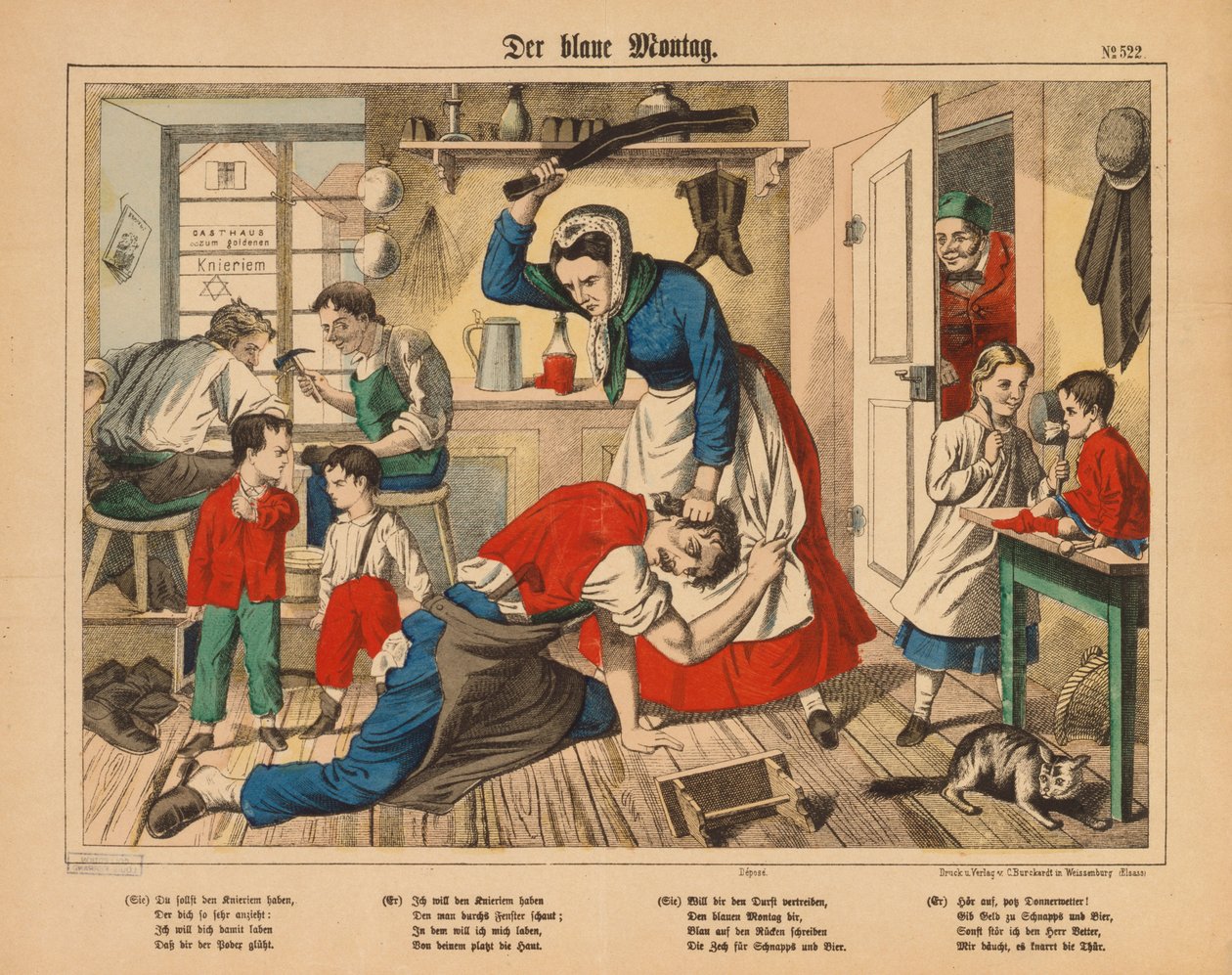 Modré pondělí - žena ševce bije svého manžela, brožovaný list vydaný C. Burckhardtem, Weissenburg, cca 1850 od German School