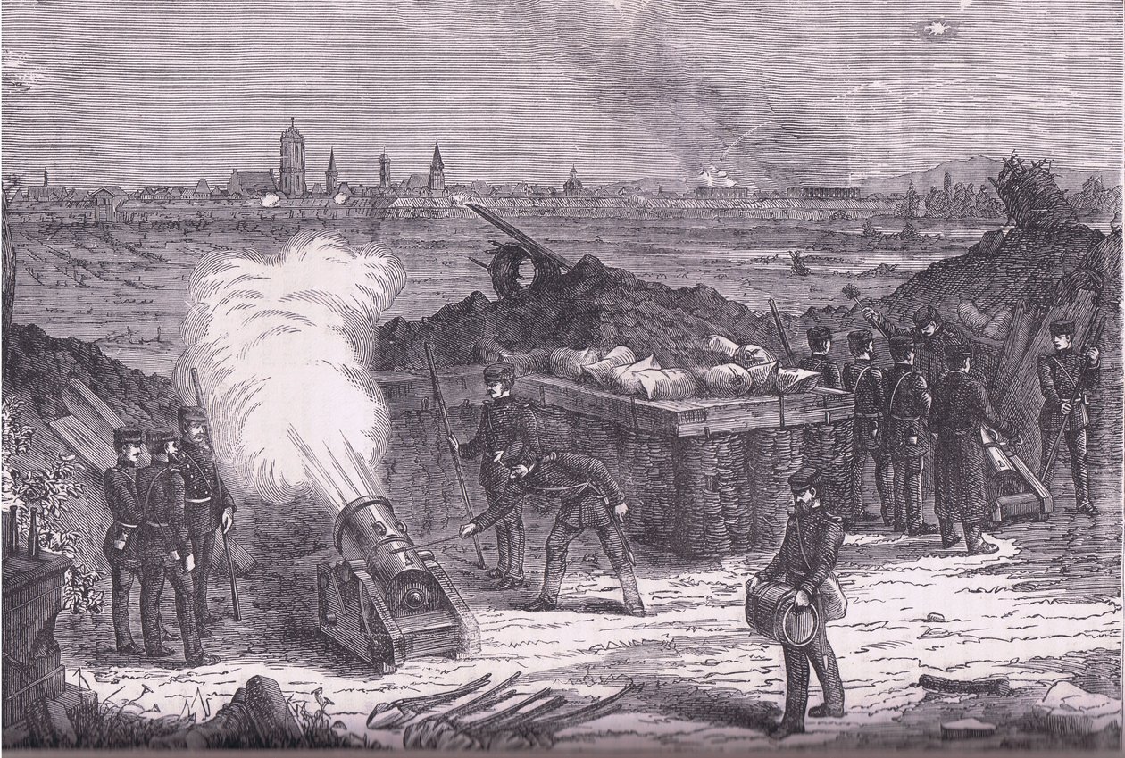 Bombardování Schelestadtu, Cassells Historie války mezi Francií a Německem vydaná Cassell and Company Limited, kolem roku 1890 (litho) od German School