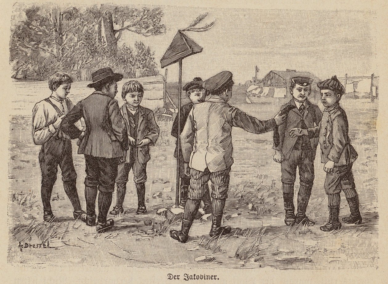 Chlapci hrající hru na jakobínskou čepici (rytina) od German School