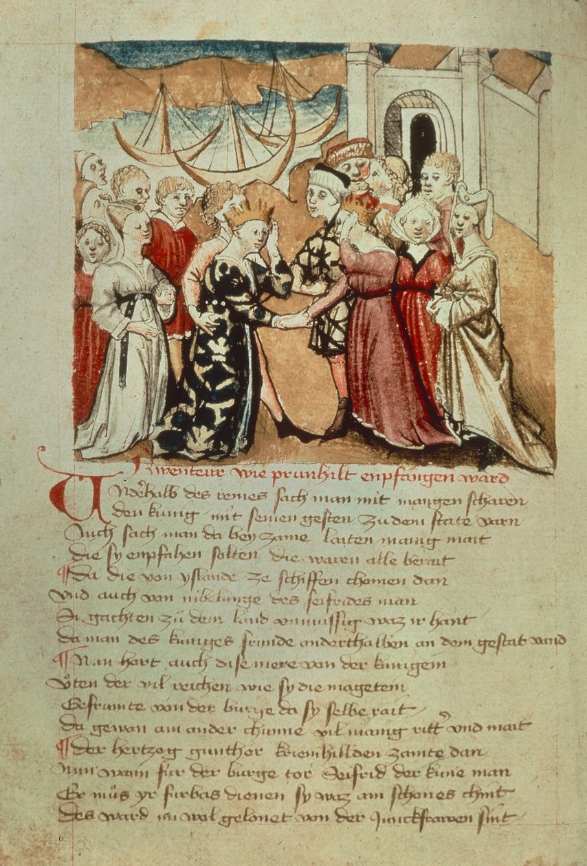 Brunhild vstupuje do Worms; Kriemhild pochází z Brunhild a Gunthera z „Hundeshagen Nibelungen Codex“ (vellum) od German School