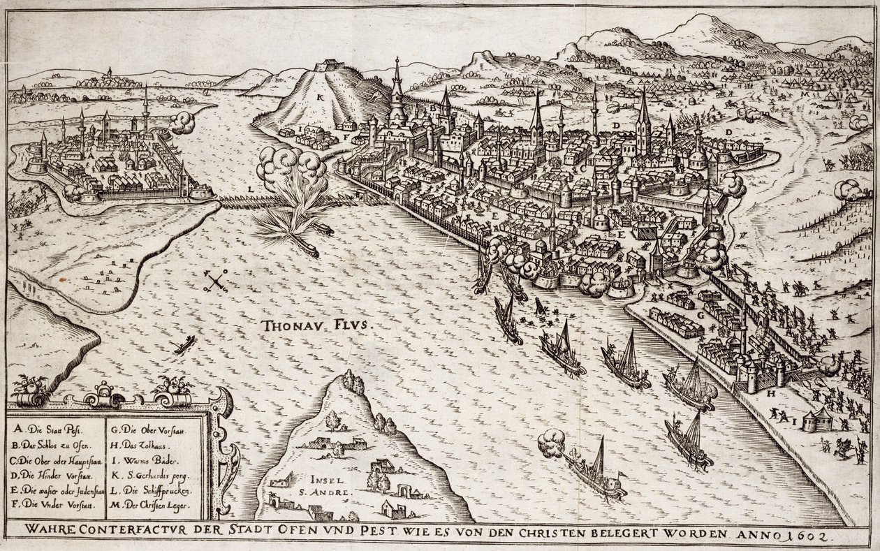 Buda a Pest obležené křesťany v roce 1602, ilustrace z knihy o osmanských taženích v Evropě, vyryl Paul Furst (c.1605-66) od German School