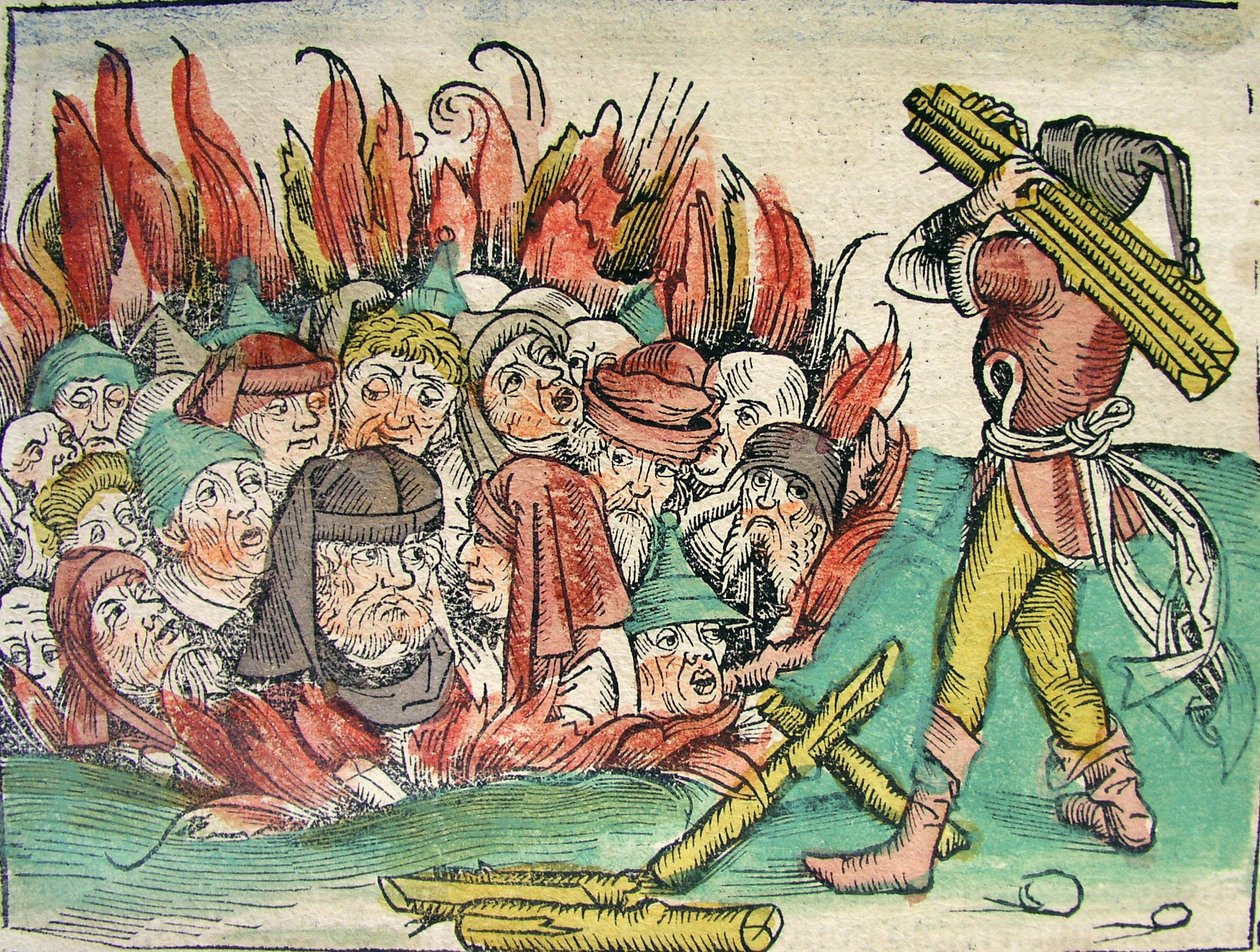 Upálení Židů, publikované v Norimberské kronice, 1493 od German School