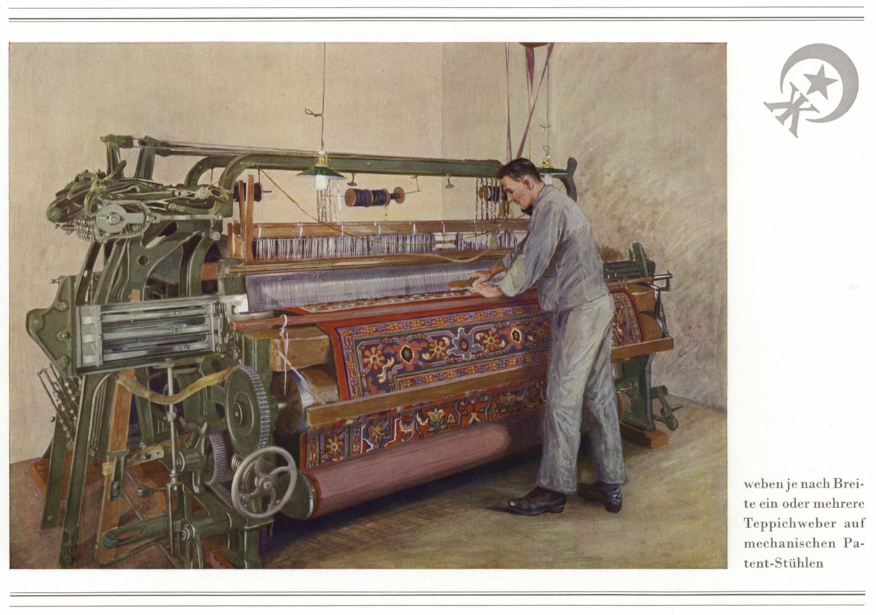 Obchodní činnost výrobců koberců Halbmond-Teppichfabrik Von Koch Und Te Kock (barevná litografie) od German School